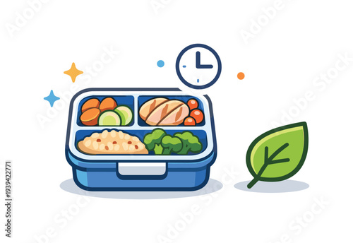 Healthy lunchbox with balanced meal and clock indicating mealtime