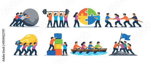 Teams performing cooperative challenges and tasks on dark background