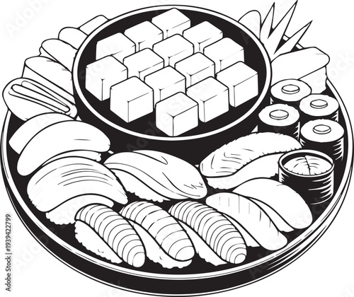 Sushi platter illustration — black and white line drawing of assorted nigiri, maki rolls, tofu cubes, wasabi, and ginger garnish