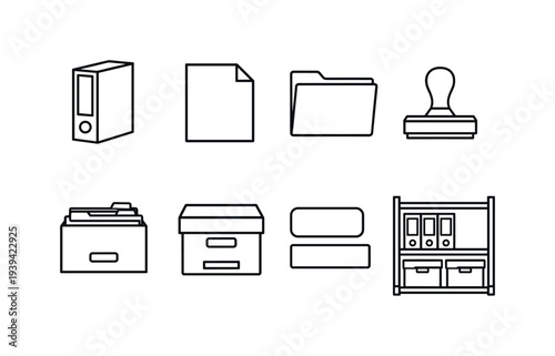 Collection of office supplies icons for document management and organization