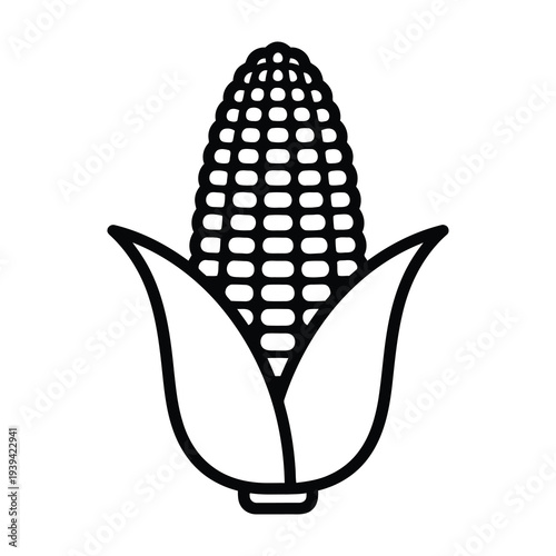 Stylized outline icon of a fresh corn cob with husk leaves representing agriculture healthy food and harvest season isolated on a clean white background with simple geometric shapes