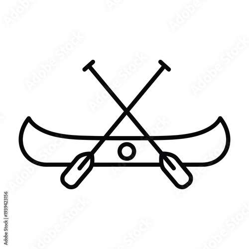 Simple line art silhouette of a canoe with two crossed paddles symbolizing adventure exploration and outdoor recreation perfect for travel and leisure themes isolated on a clean white background