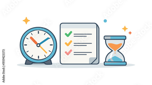 Time management and task completion concept with clock, checklist, and hourglass