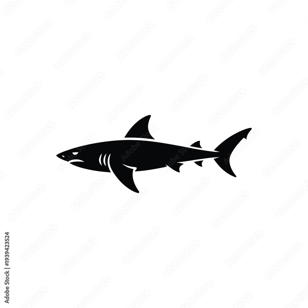 Fototapeta premium Black shark silhouette with white highlights on fins and body fish ocean