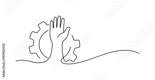 Single line drawing of a hand reaching up from a gear mechanism