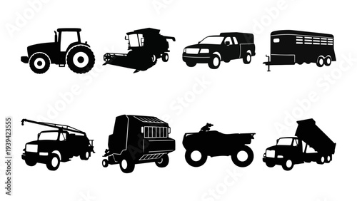 Agriculture Vehicle Silhouette Set - Farm Machinery and Utility Transport Vector