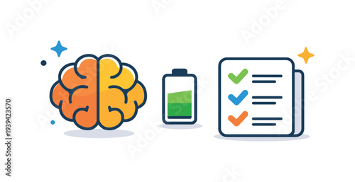 Brain, battery, and checklist icons symbolizing mental energy, productivity, and task completion
