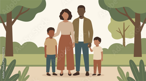 Diverse family of four enjoying a walk in a park, minimalist illustration