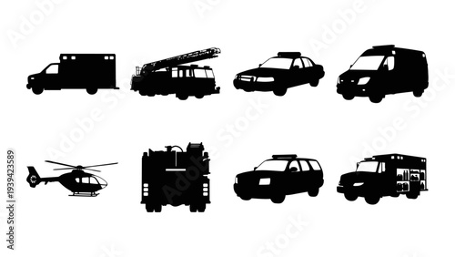 Emergency Services Vehicle Silhouette Set - Police Fire Ambulance Vector