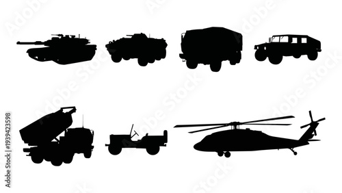 Military Vehicle Silhouette Set - Tank Helicopter and Army Transport Vector