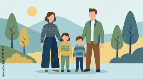 Family with two children standing in an outdoor minimalist illustration