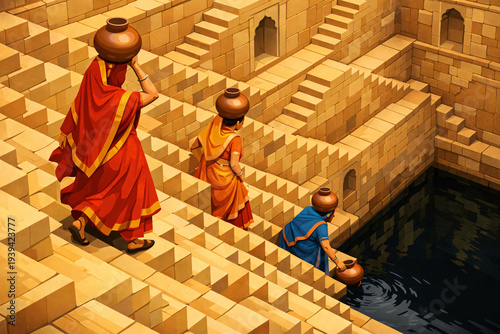 Indian Stepwell Women Carrying Water Pots Ancient Architecture