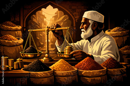 Indian Spice Merchant Weighing Spices Traditional Market Scene