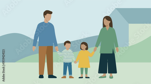 Family of four holding hands outdoors with house and hills background