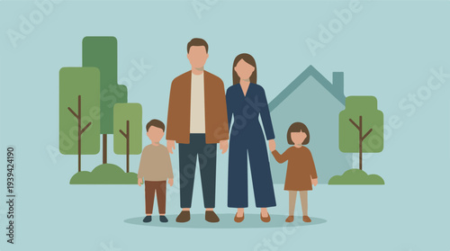 Flat design illustration of a happy family with home and nature elements