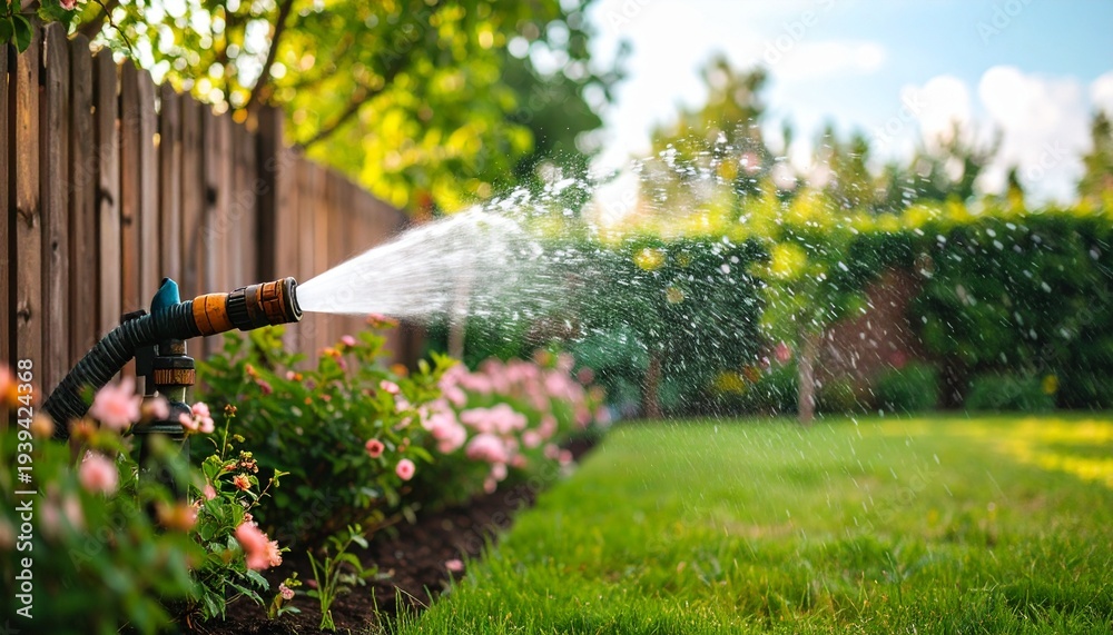 Obraz premium Garden sprinkler watering lush green lawn with blooming pink flowers in summer