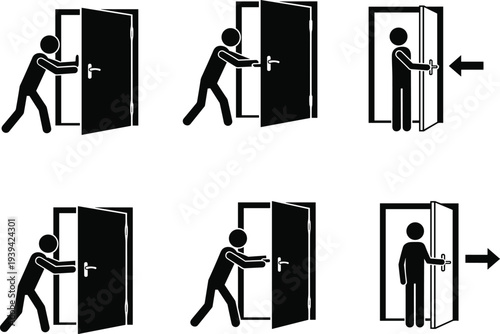 door, opening, closing, person, push, pull, entrance, exit, access, direction, movement, symbol, sign, safety, instruction, icon, vector, black, pictogram, illustration