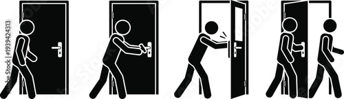 door opening sequence, person entering room icon, security access concept, step by step entry, black silhouette illustration doorway handle action