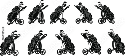 golf, bag, cart, equipment, sport, club, trolley, set, golfbag, wheels, player, game, tournament, recreation, outdoor, collection, silhouette, black, vector, illustration