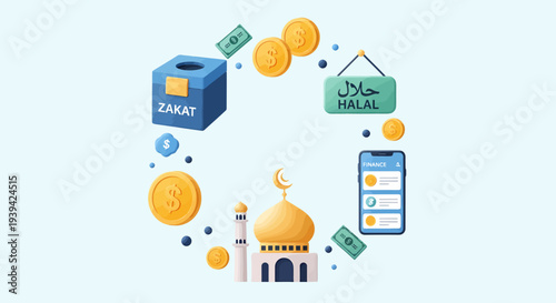 Islamic Finance and Ethical Business Concepts Digital Zakat, Halal Certification, and Mobile Banking Around a Mosque Illustration