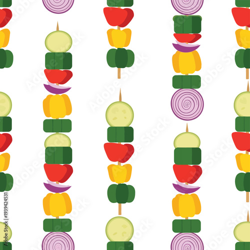 Colorful vegetable skewer food pattern seamless vector for summer BBQ and healthy eating designs