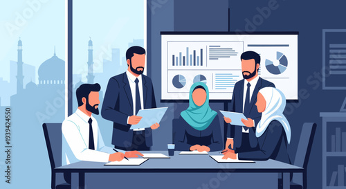 Diverse business professionals collaborating in a modern office meeting, discussing strategy with charts and graphs on a screen