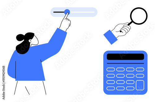 Data analysis, decision-making, financial planning, user interface, research, computation. A person interacts with a slider, magnifying glass and calculator. Data analysis and decision-making