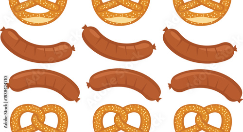 German food pattern vector with pretzels and sausages seamless Oktoberfest background