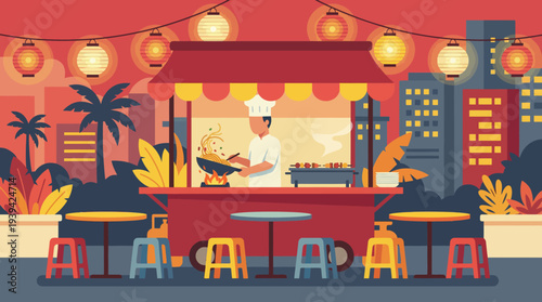 Urban Night Market Vector Art Chef Prepares Asian Street Food at a Lively Stall Under Glowing Lanterns