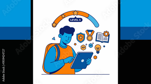 Online learning platform user engaging with digital content and achieving academic success