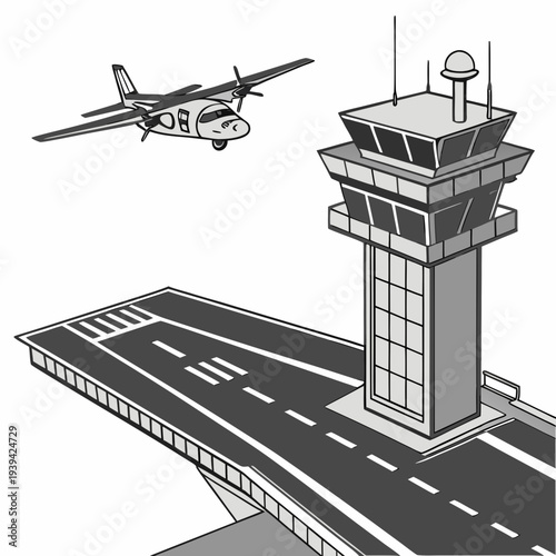 A black and white illustration of an airplane flying over an airport control tower and runway