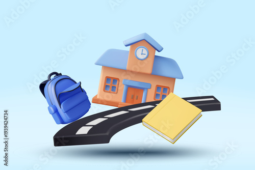 3D vector illustration of floating school building with road blue backpack and yellow book on blue background. Concept for back to school elementary education learning journey banner template.