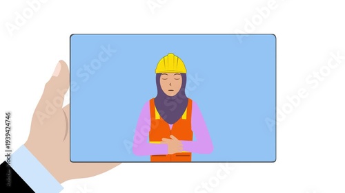 Tablet With Muslim Female Construction Worker Animation Video 4K suitable for your project needs