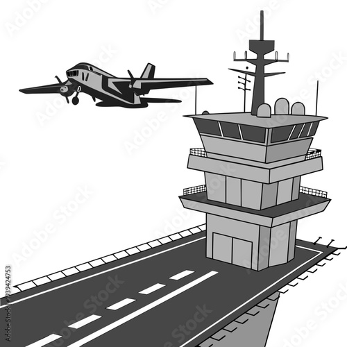 A black and white illustration of an airplane flying over a control tower on an airfield runway
