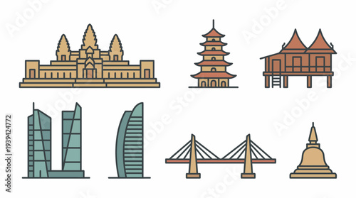 Collection of Asian Landmarks and Architecture Styles Representing Cultural Heritage and Tourism