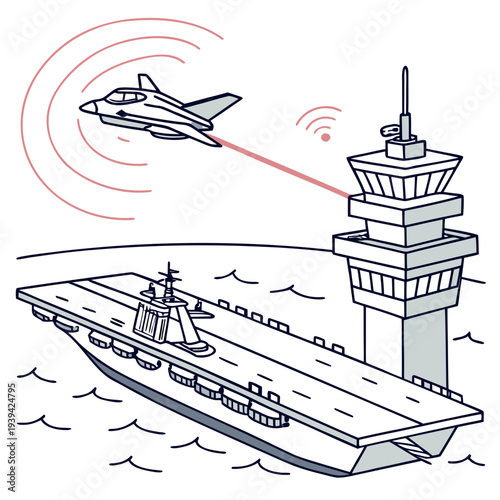 An aircraft carrier with a fighter jet taking off and a control tower on the side