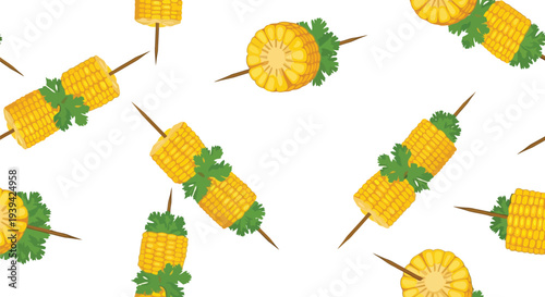 Grilled Corn Skewers Vector Food Pattern Seamless Background for Summer BBQ Designs