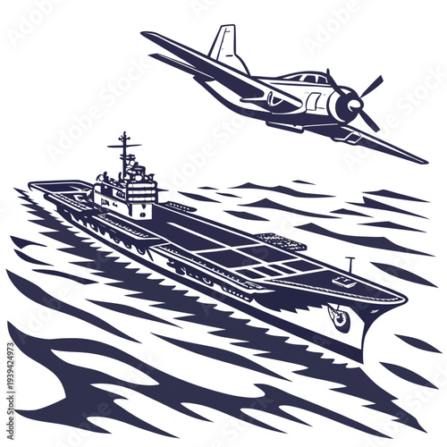 Vintage navy aircraft carrier and propeller plane on ocean waves