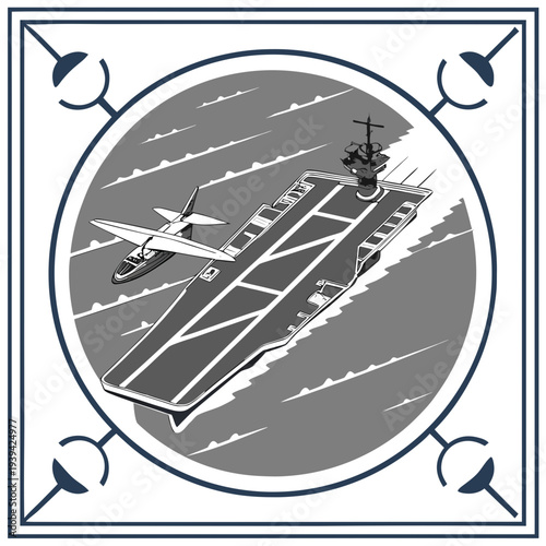 Vintage military aircraft taking off from aircraft carrier in the ocean with decorative border around circular illustration