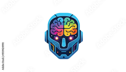 Vector robot head icon with colorful brain