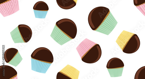Cupcake food pattern seamless vector with chocolate desserts in pastel wrappers on white background