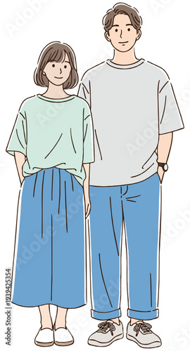 夏服カップルのシンプルイラスト	