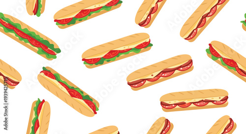 Seamless sandwich food pattern vector with sub rolls, lettuce, tomato, and deli meat on white background