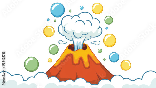cartoon volcano erupting with colorful bubbles and clouds around