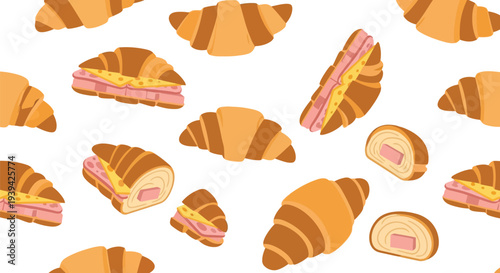 Seamless croissant and sandwich vector food pattern for bakery backgrounds and packaging
