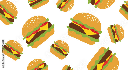 Seamless Burger Food Pattern Vector with Cheese and Lettuce on White Background