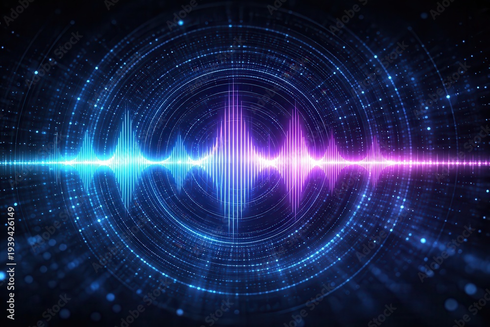 Obraz premium Futuristic sound wave visualization in deep space with vibrant neon light spectrum and cosmic energy background
