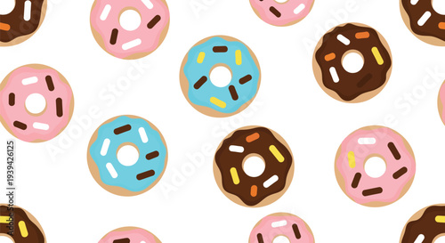 Seamless Donut Food Pattern Vector with Colorful Icing and Sprinkles on White Background