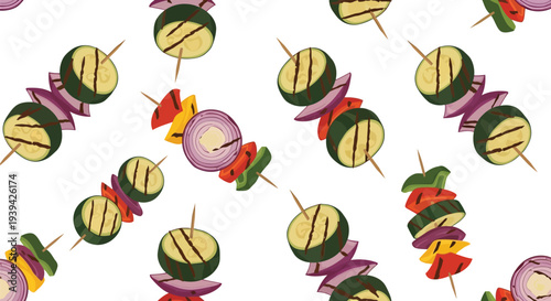 Grilled Vegetable Skewers Food Pattern Vector Seamless Background for Summer BBQ Design