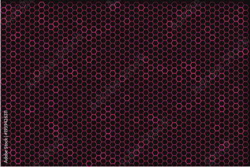 A deep black background is filled with a repeating network of bright pink hexagonal outlines and shapes